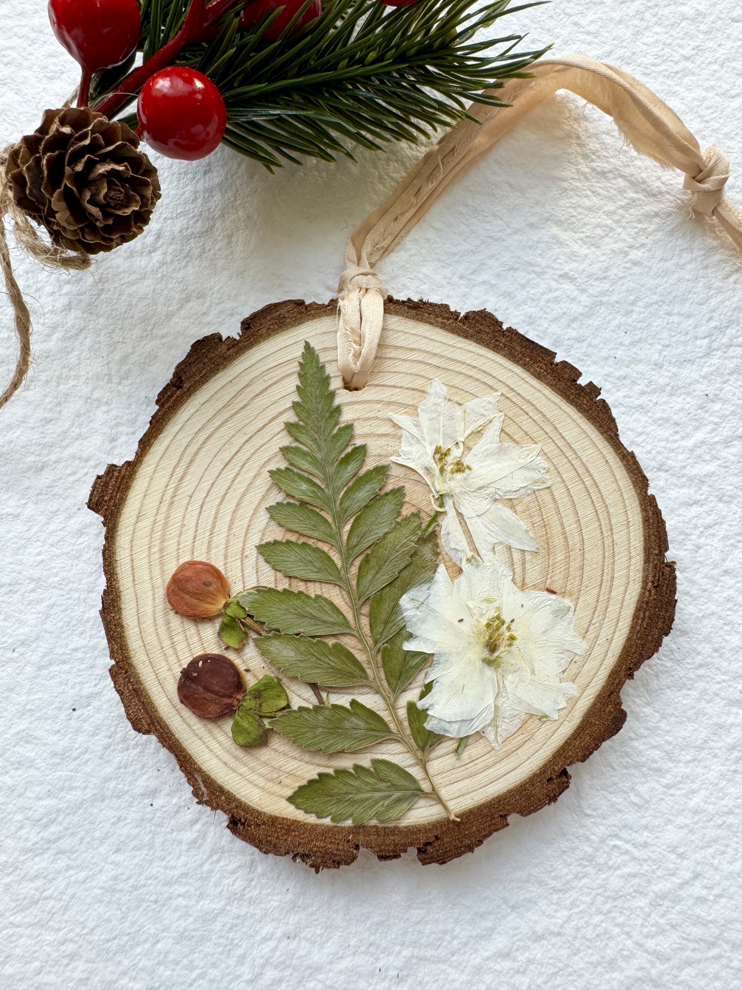 Pressed Flower Ornament on Wood Slice - Tree with Berries
