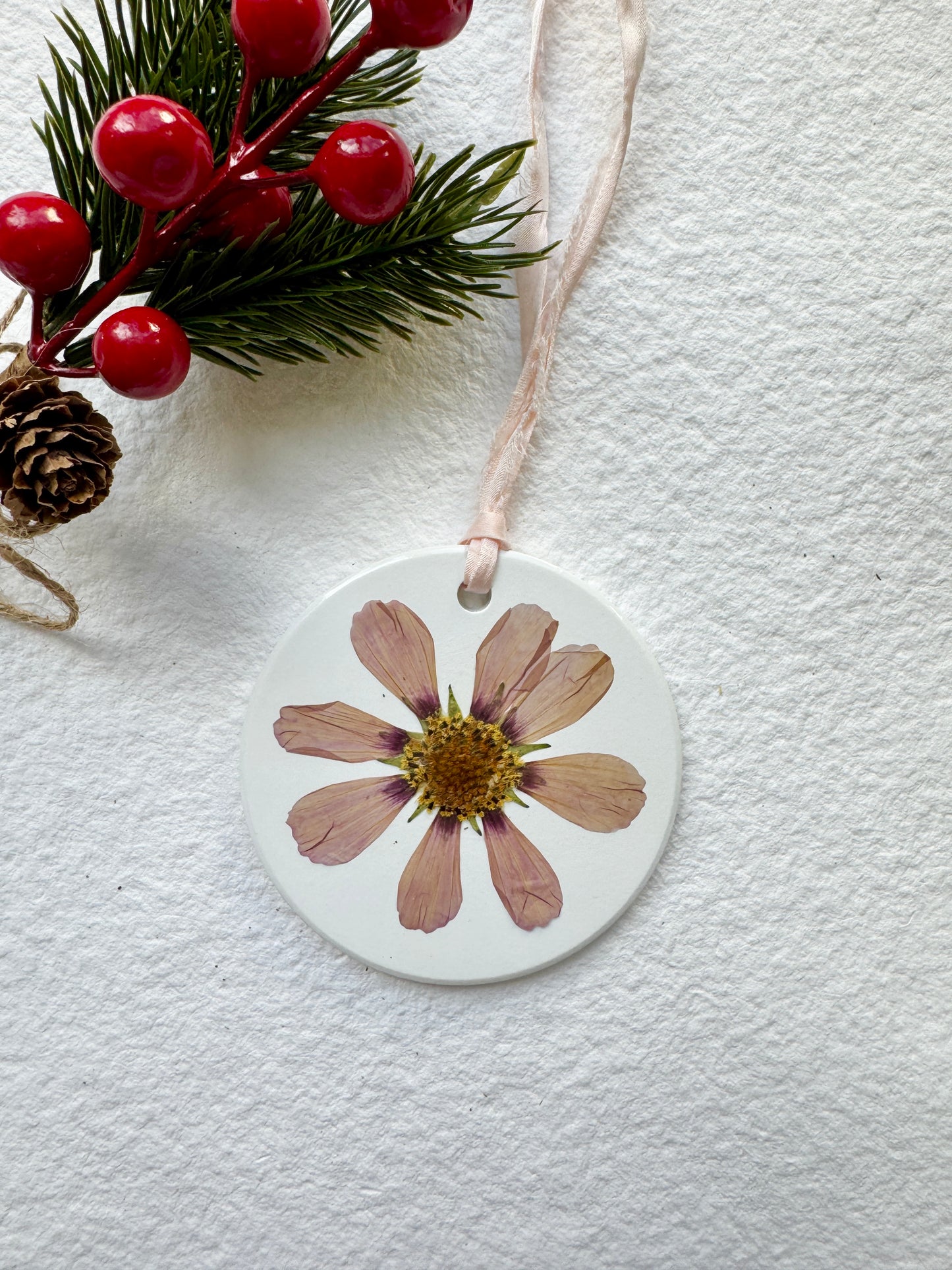 Pressed Flower Ornament on White Ceramic Base, Cosmo