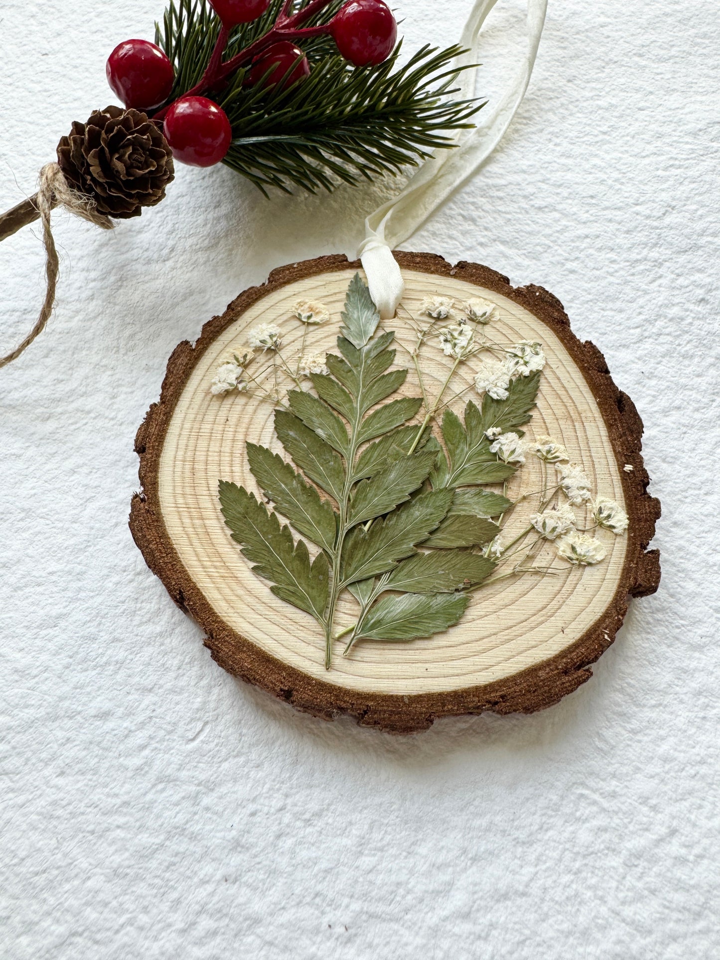 Pressed Flower Ornament on Wood Slice