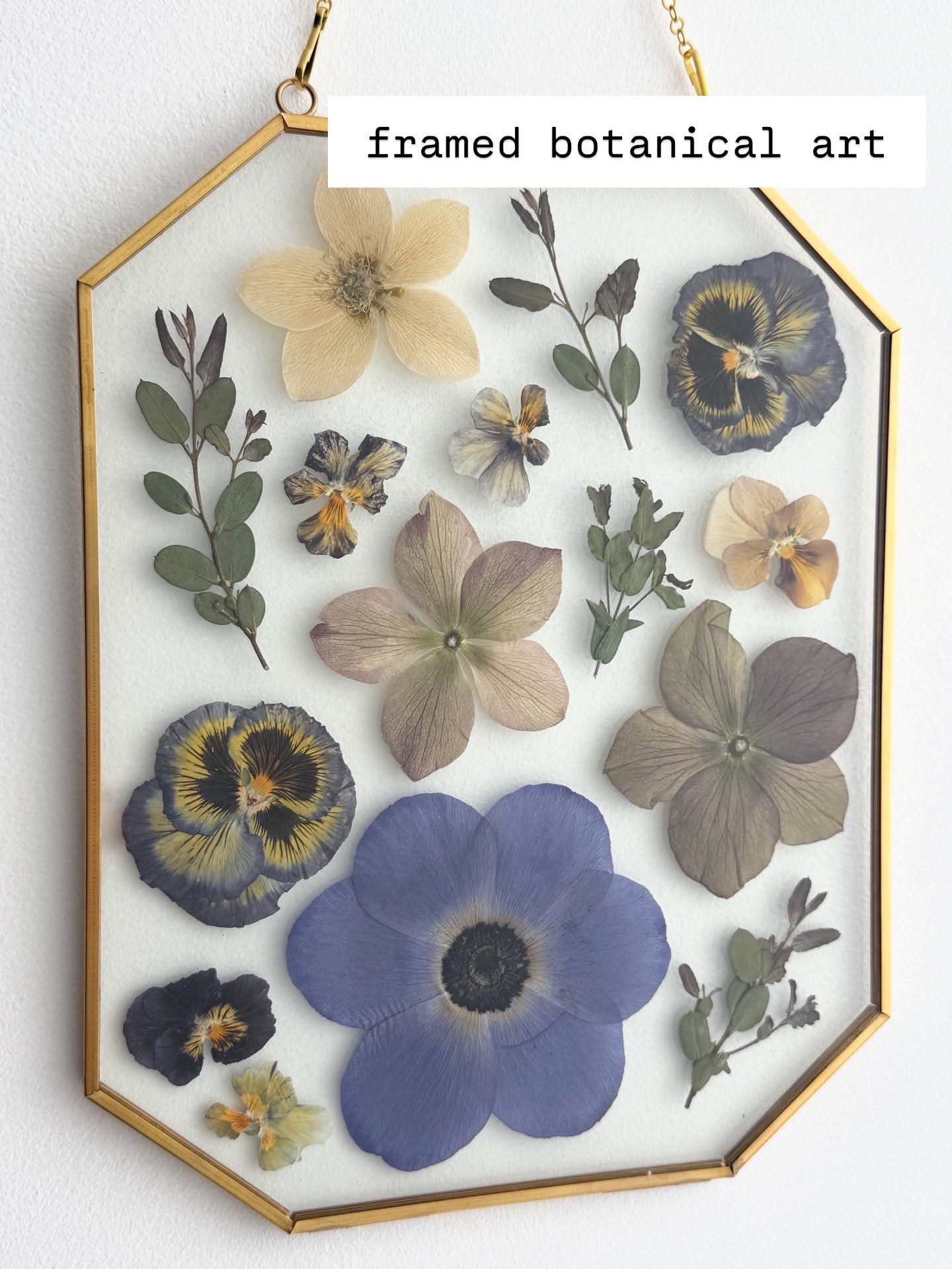 Original Pressed Floral Artwork in 8x10 Golden Brass Frame, Blues and Violets