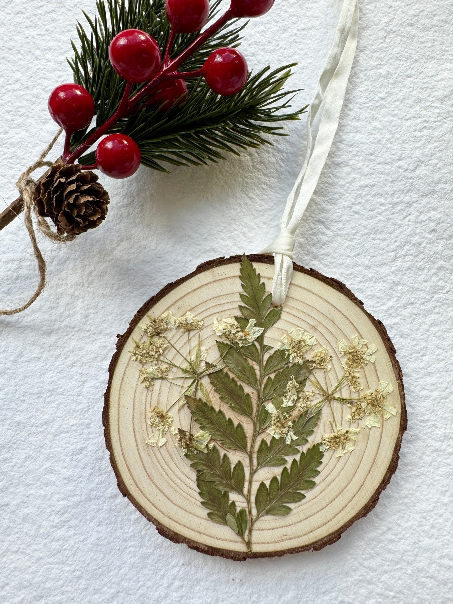 Pressed Flower Ornament on Wood Slice