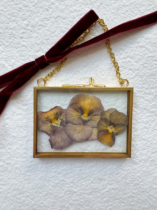 Pressed Flower Ornament in Glass & Metal Frame - Violets