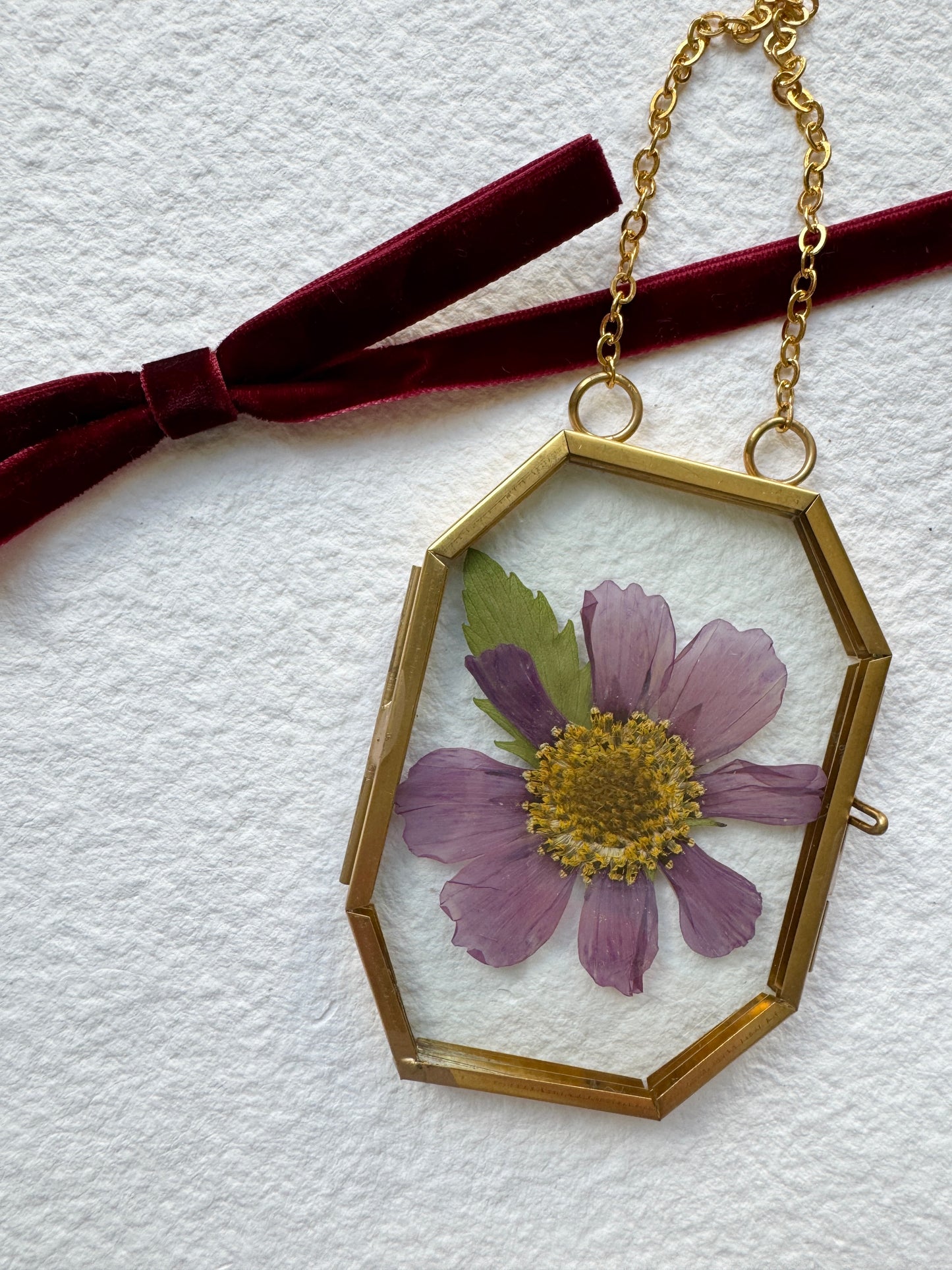 Pressed Flower Ornament in Glass & Metal Frame - Purple Cosmo