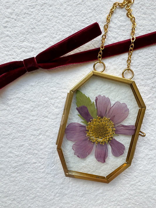 Pressed Flower Ornament in Glass & Metal Frame - Purple Cosmo