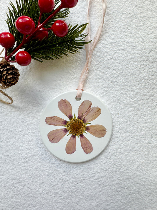 Pressed Flower Ornament on White Ceramic Base, Cosmo
