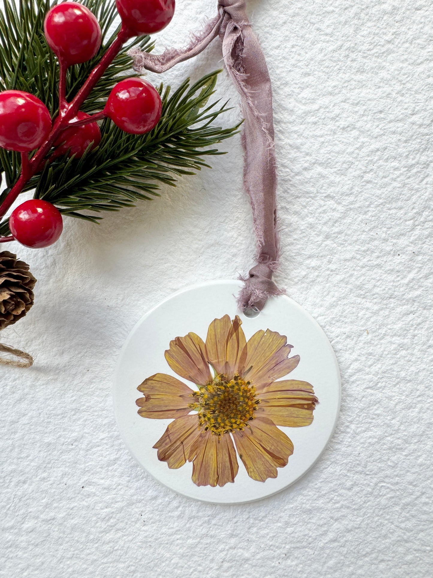 Pressed Flower Ornament on White Ceramic Base, Cosmo