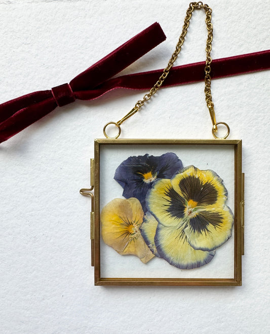 Pressed Flower Ornament in Glass & Metal Frame - Pansies