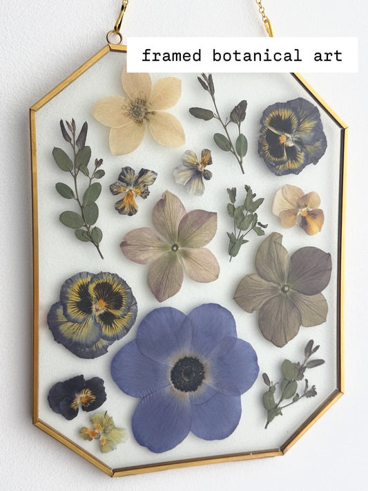 Original Pressed Floral Artwork in 8x10 Golden Brass Frame, Blues and Violets