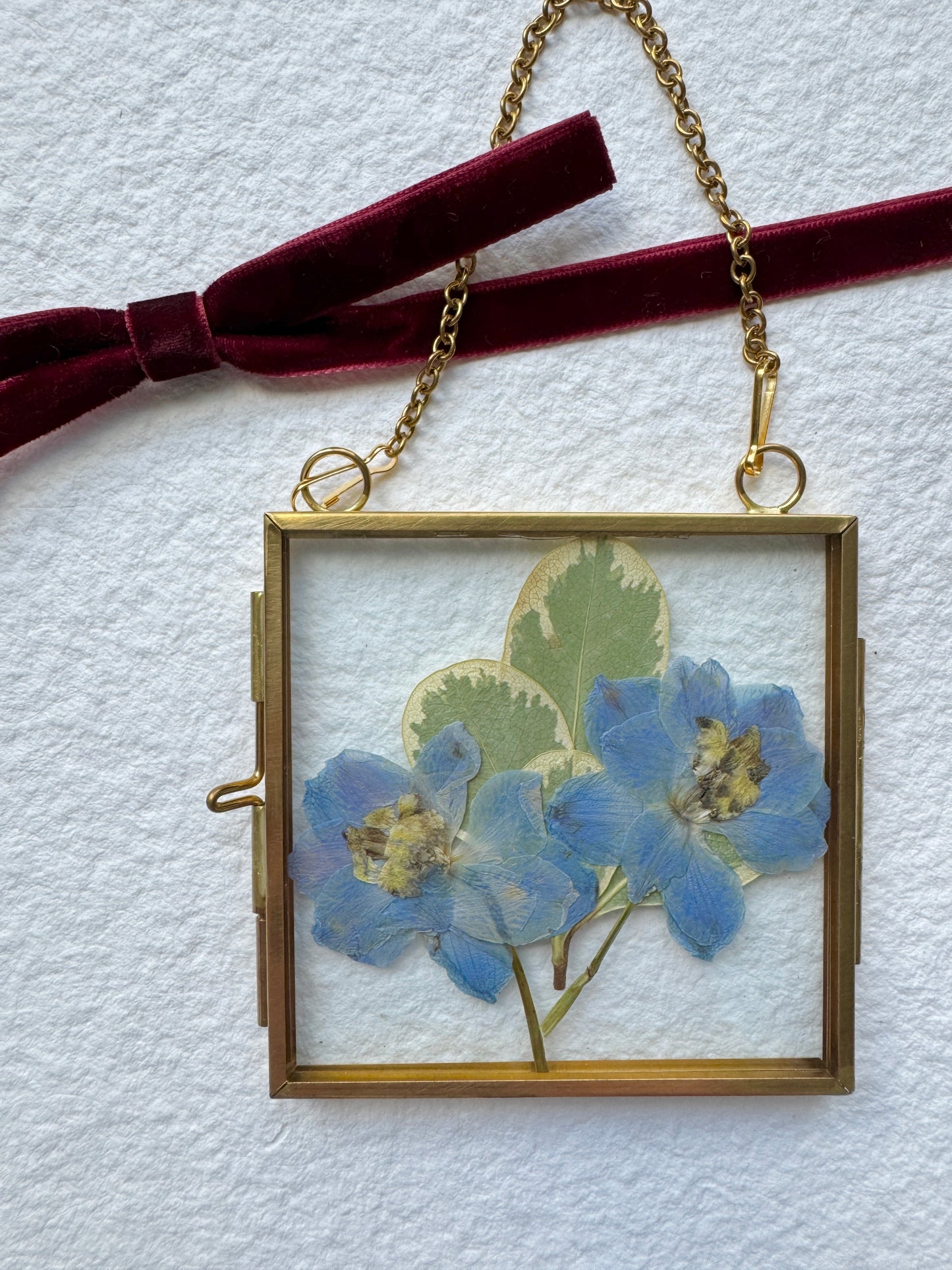 Pressed Flower Ornament in Glass & Metal Frame - Blue Delphiniums