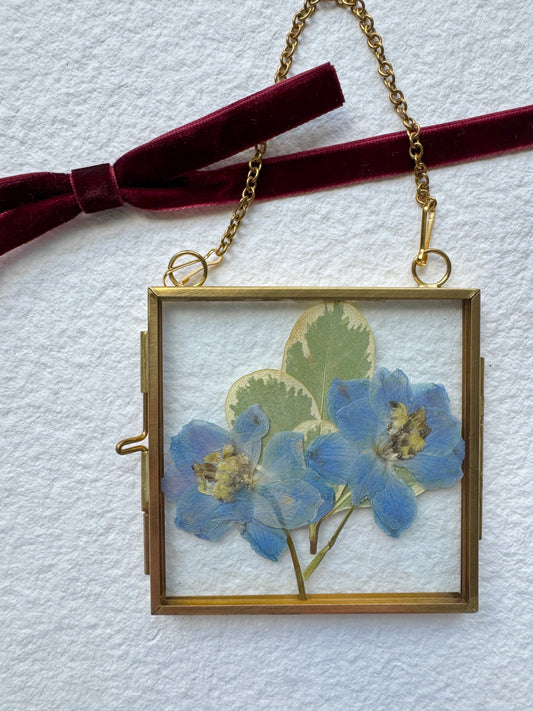 Pressed Flower Ornament in Glass & Metal Frame - Blue Delphiniums