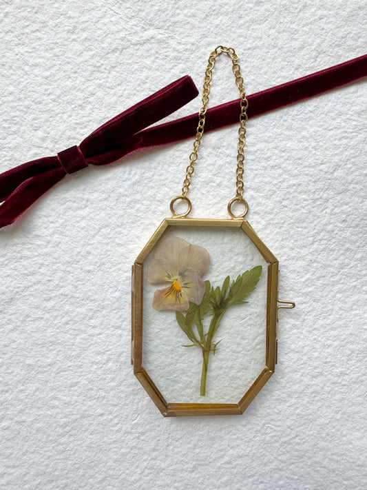 Pressed Flower Ornament in Glass & Metal Frame - Violet