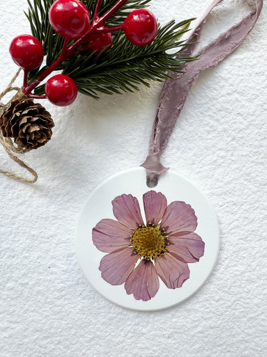 Pressed Flower Ornament on White Ceramic Base, Cosmo