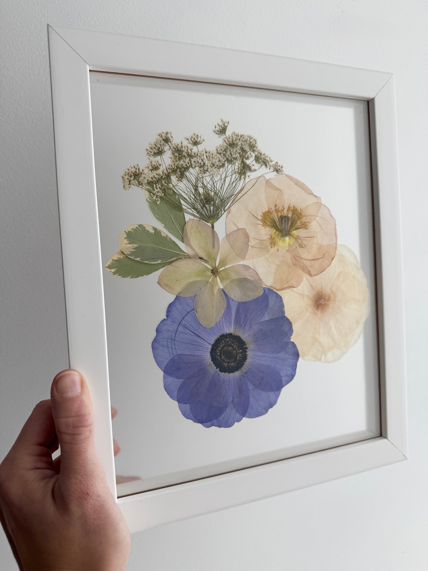 Framed Pressed Floral Arrangement, 8x10 White Wood Frame, Local Flowers