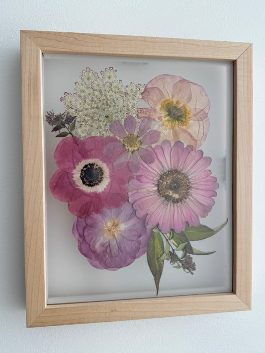 Framed Pressed Floral Arrangement, 8x10 Natural Wood Frame, Local Flowers