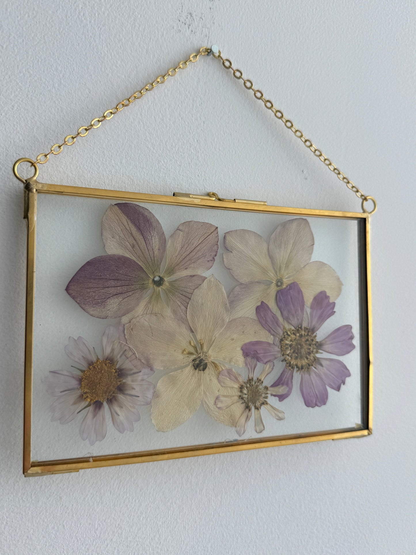 Pressed Hellebores and Cosmos Floral Art in 4x6 Golden Brass Frame