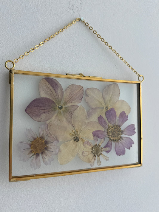Pressed Hellebores and Cosmos Floral Art in 4x6 Golden Brass Frame