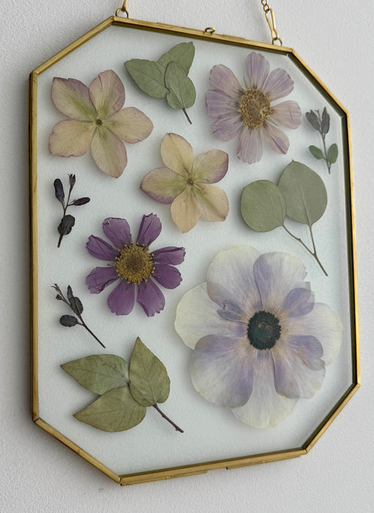 Pressed Flower Art in 8x10 Golden Brass Frame - Local Flowers, Violets and Greens