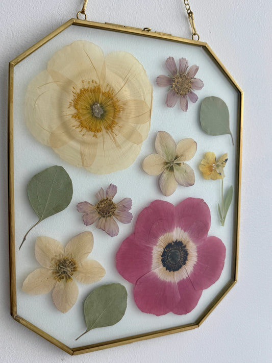 Original Pressed Floral Artwork in 8x10 Golden Brass Frame, Pink and Cream Flowers