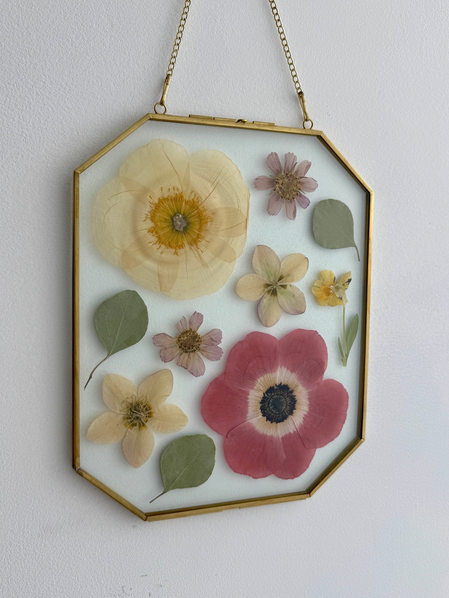 Original Pressed Floral Artwork in 8x10 Golden Brass Frame, Pink and Cream Flowers