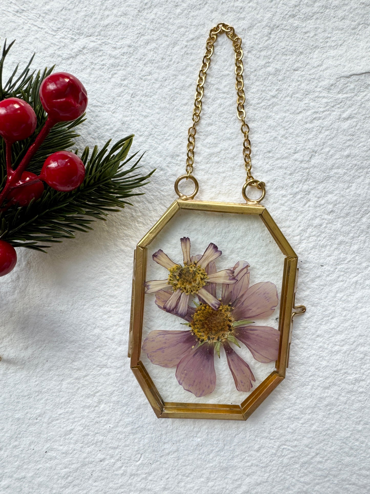 Pressed Flower Ornament in Glass & Metal Frame - Double Cosmo
